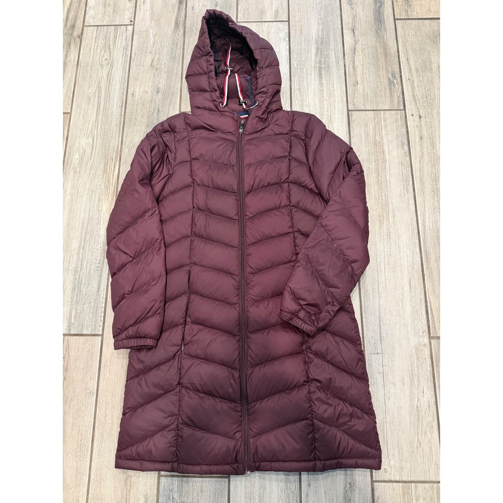 Tommy Hilfiger Womens Packable Down Puffer Coat Hooded Burgundy Maroon Medium